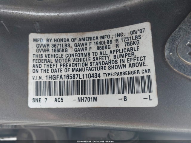 44967936 :رقم المزاد ، 1HGFA16587L110434 vin ، 2007 Honda Civic Lx مزاد بيع