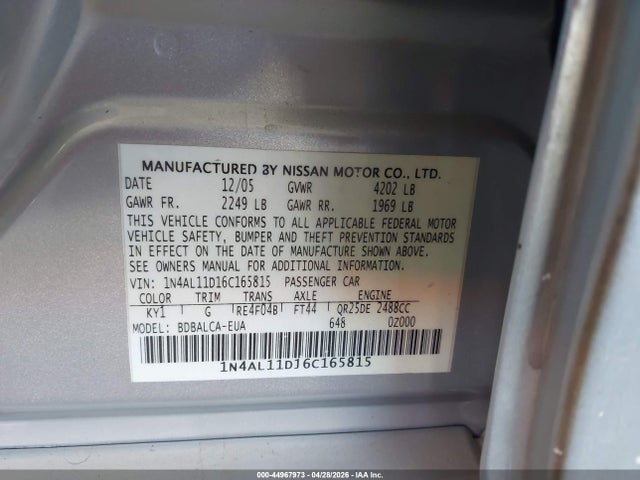 Продаж на аукціоні авто 2006 Nissan Altima 2.5 S, vin: 1N4AL11D16C165815, номер лоту: 44967973