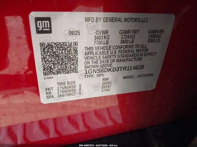 2026 Chevrolet Suburban Z71, 4wd მანქანა იყიდება აუქციონზე, vin: 1GNS6DKD3TR114628, აუქციონის ნომერი: 44967975