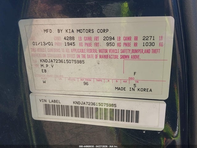 2001 Kia Sportage Ex/limited მანქანა იყიდება აუქციონზე, vin: KNDJA723615075985, აუქციონის ნომერი: 44968030