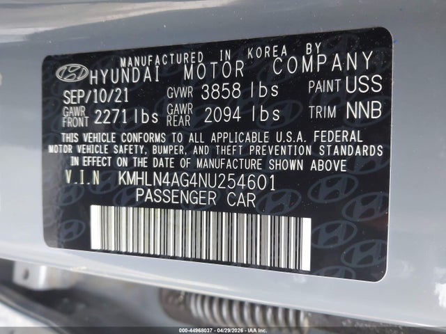 Auction sale of the 2022 Hyundai Elantra Sel, vin: KMHLN4AG4NU254601, lot number: 44968037
