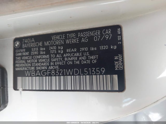 1998 Bmw 740ia მანქანა იყიდება აუქციონზე, vin: WBAGF8321WDL51359, აუქციონის ნომერი: 44968039