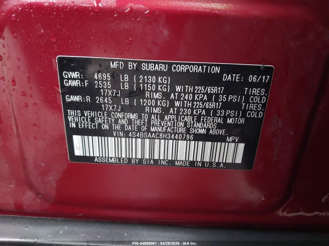 44968061 :رقم المزاد ، 4S4BSAAC8H3440796 vin ، 2017 Subaru Outback 2.5i مزاد بيع