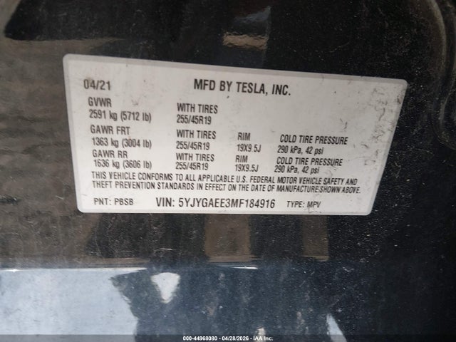 2021 Tesla Model Y Long Range Dual Motor All-wheel Drive მანქანა იყიდება აუქციონზე, vin: 5YJYGAEE3MF184916, აუქციონის ნომერი: 44968080