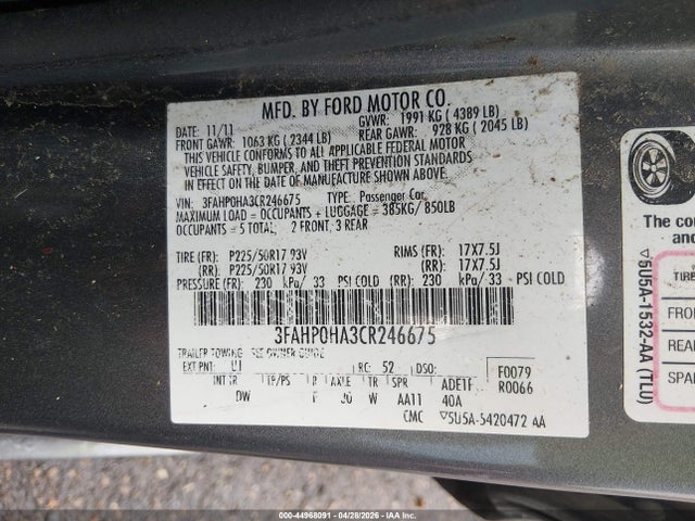 Aukcja sprzedaży 2012 Ford Fusion Se, vin: 3FAHP0HA3CR246675, numer aukcji: 44968091