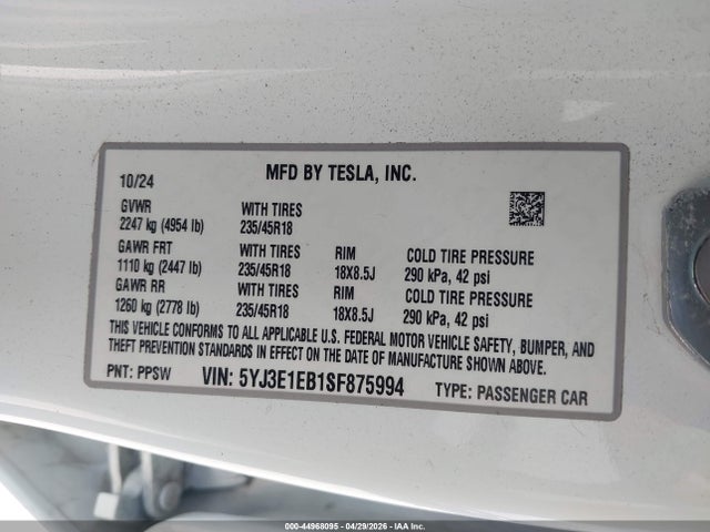 2025 Tesla Model 3 Long Range All-wheel Drive მანქანა იყიდება აუქციონზე, vin: 5YJ3E1EB1SF875994, აუქციონის ნომერი: 44968095