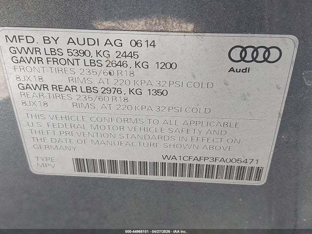 44968101 :رقم المزاد ، WA1CFAFP3FA005471 vin ، 2015 Audi Q5 2.0t Premium مزاد بيع