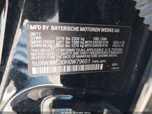 44968108 :رقم المزاد ، 5UXWX9C30H0W79651 vin ، 2017 Bmw X3 Xdrive28i مزاد بيع