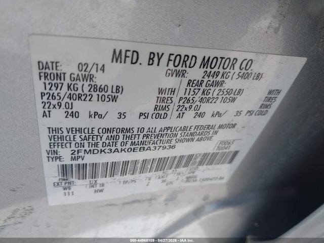 Aukcja sprzedaży 2014 Ford Edge Sport, vin: 2FMDK3AK0EBA37936, numer aukcji: 44968109