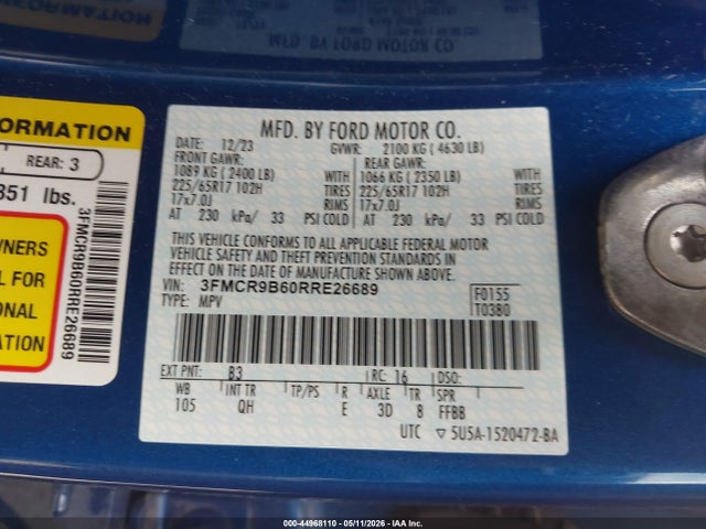 Продаж на аукціоні авто 2024 Ford Bronco Sport Big Bend, vin: 3FMCR9B60RRE26689, номер лоту: 44968110