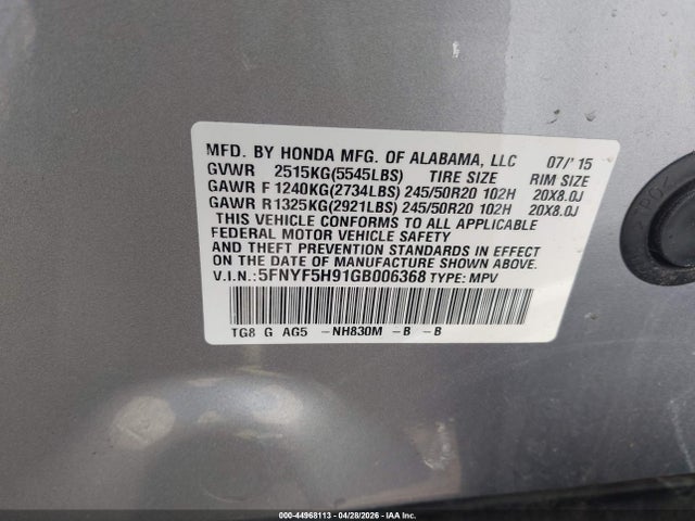 Aukcja sprzedaży 2016 Honda Pilot Touring, vin: 5FNYF5H91GB006368, numer aukcji: 44968113
