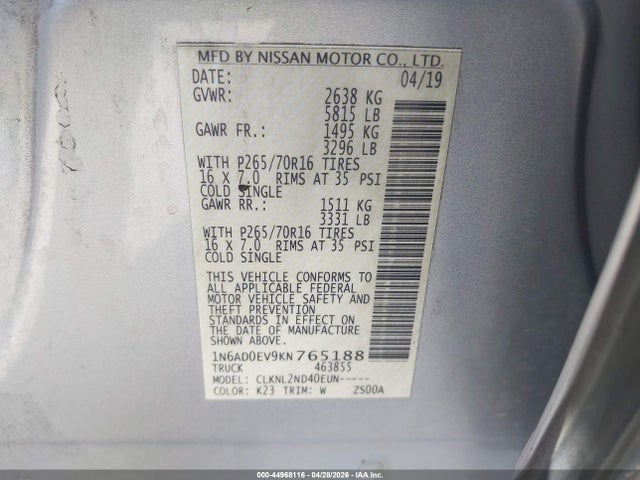 Nissan Frontier Sv 2019 1N6AD0EV9KN765188 Image 9