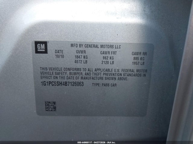 Продажа на аукционе авто 2011 Chevrolet Cruze Ls, vin: 1G1PC5SH4B7126063, номер лота: 44968117