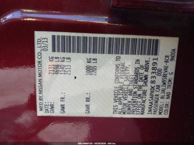 44968120 :رقم المزاد ، 1N4AA5APXDC833891 vin ، 2013 Nissan Maxima 3.5 Sv مزاد بيع