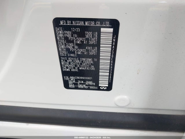 44968122 :رقم المزاد ، JN8AZ2BE6R9330821 vin ، 2024 Infiniti Qx80 Sensory Awd مزاد بيع