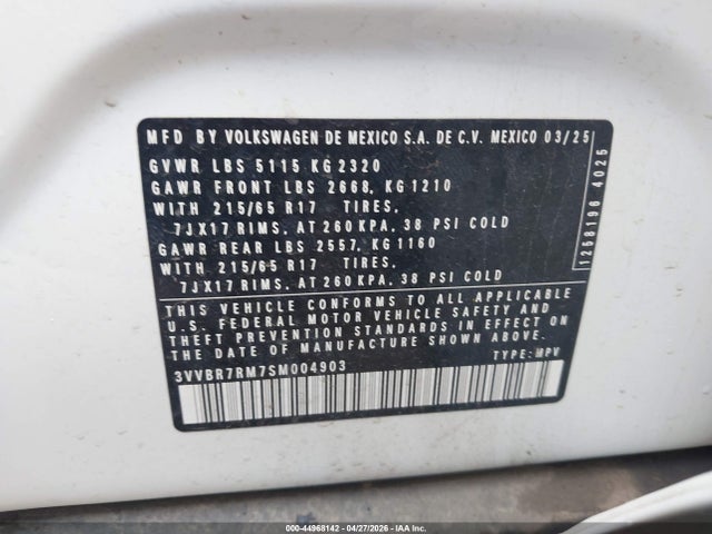 Aukcja sprzedaży 2025 Volkswagen Tiguan 2.0t S, vin: 3VVBR7RM7SM004903, numer aukcji: 44968142