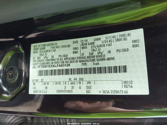 Продаж на аукціоні авто 2020 Ford F-150 Xlt, vin: 1FTEW1E5XLFA83128, номер лоту: 44968153
