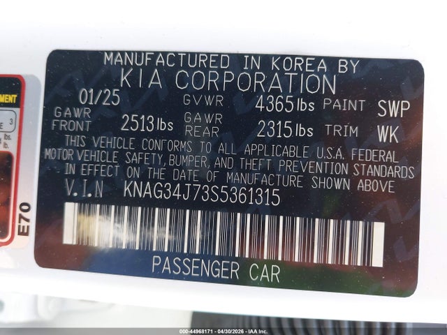 44968171 :رقم المزاد ، KNAG34J73S5361315 vin ، 2025 Kia K5 Ex مزاد بيع