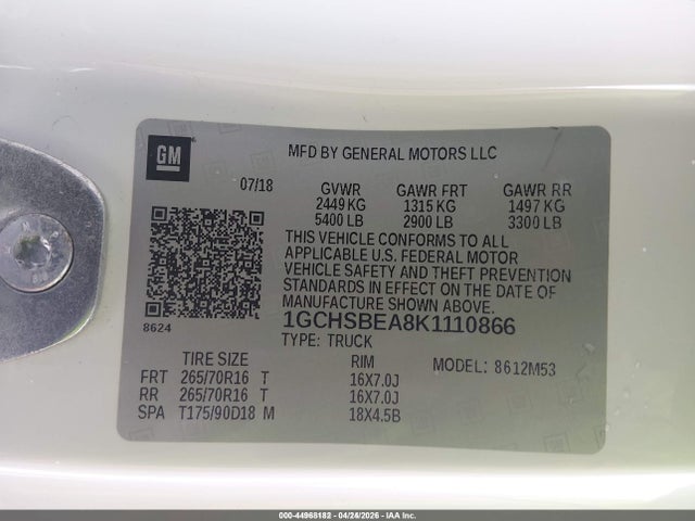 Chevrolet Colorado Wt 2019 1GCHSBEA8K1110866 Image 9