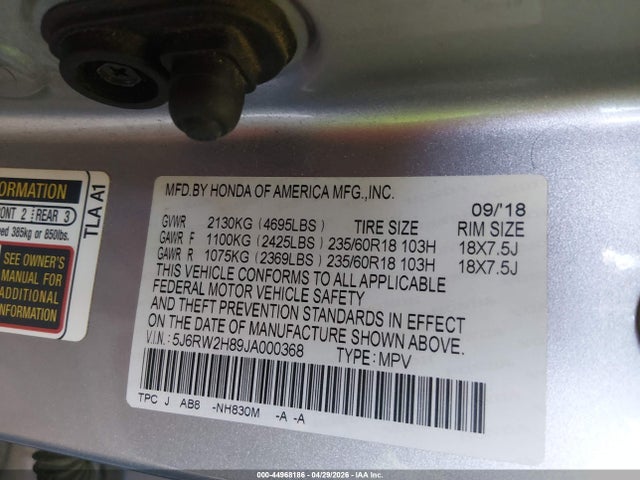 Продаж на аукціоні авто 2018 Honda Cr-v Ex-l/ex-l Navi, vin: 5J6RW2H89JA000368, номер лоту: 44968186