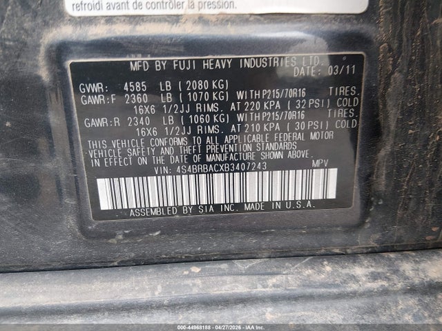 44968188 :رقم المزاد ، 4S4BRBACXB3407243 vin ، 2011 Subaru Outback 2.5i مزاد بيع