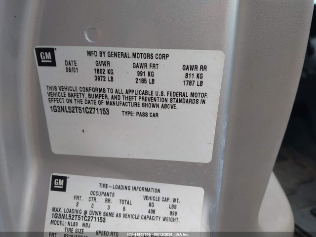 44968196 :رقم المزاد ، 1G3NL52T51C271153 vin ، 2001 Oldsmobile Alero Gl1 مزاد بيع