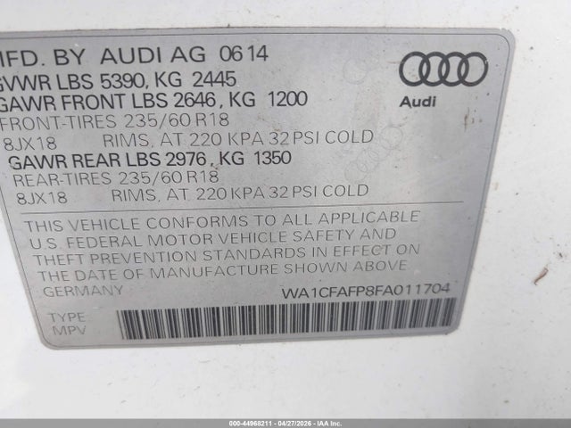 2015 Audi Q5 2.0t Premium მანქანა იყიდება აუქციონზე, vin: WA1CFAFP8FA011704, აუქციონის ნომერი: 44968211