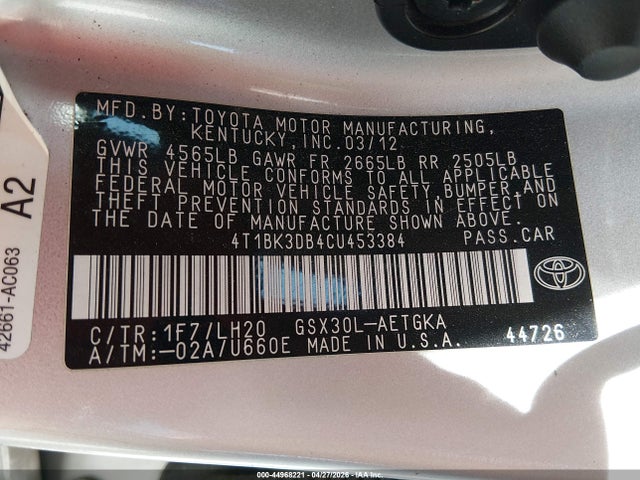 Aukcja sprzedaży 2012 Toyota Avalon, vin: 4T1BK3DB4CU453384, numer aukcji: 44968221