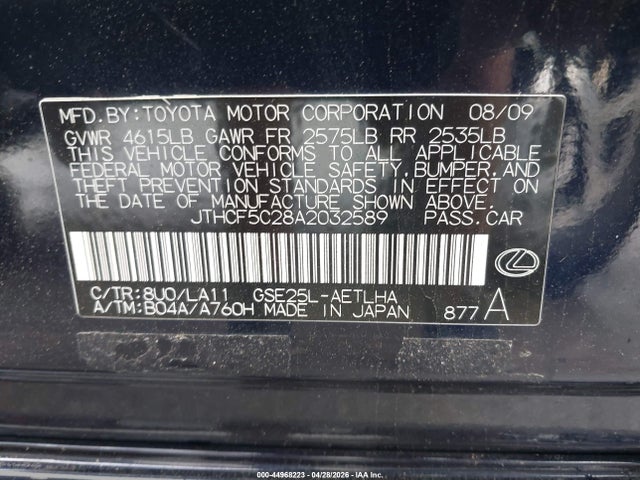 Продажа на аукционе авто 2010 Lexus Is 250, vin: JTHCF5C28A2032589, номер лота: 44968223