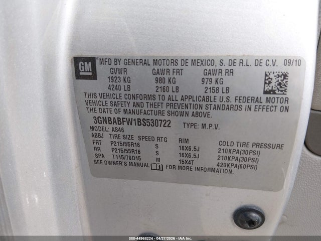 Продажа на аукционе авто 2011 Chevrolet Hhr Lt, vin: 3GNBABFW1BS530722, номер лота: 44968224