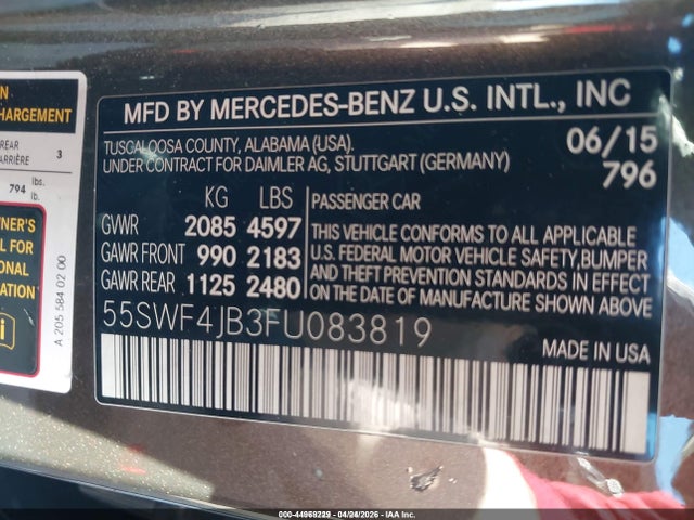 Продаж на аукціоні авто 2015 Mercedes-benz C 300, vin: 55SWF4JB3FU083819, номер лоту: 44968229