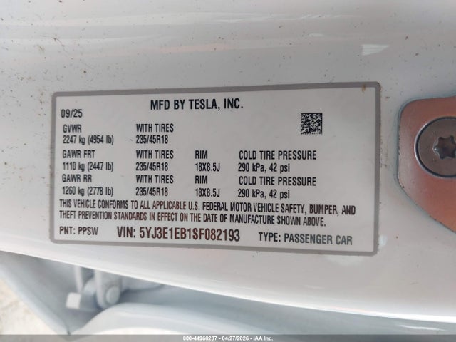 5YJ3E1EB1SF082193 Tesla Model 3 Long Range All-wheel Drive