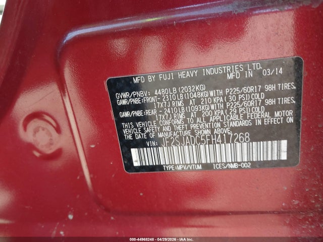 Aukcja sprzedaży 2015 Subaru Forester 2.5i Premium, vin: JF2SJADC5FH417268, numer aukcji: 44968248