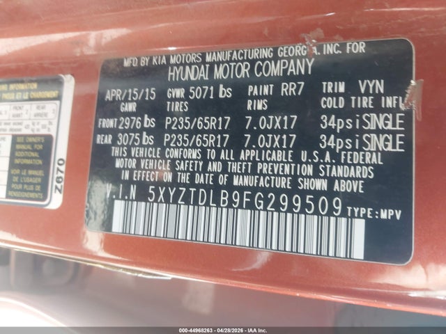 5XYZTDLB9FG299509 Hyundai Santa Fe Sport 2.4l