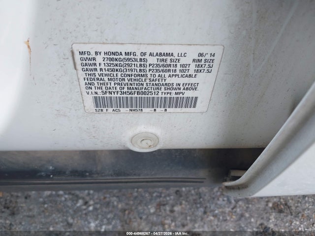 2015 Honda Pilot Ex-l მანქანა იყიდება აუქციონზე, vin: 5FNYF3H56FB002512, აუქციონის ნომერი: 44968267
