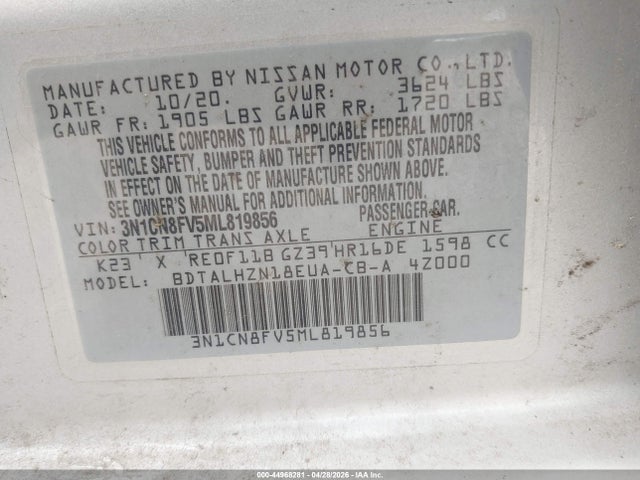 2021 Nissan Versa Sr Xtronic Cvt მანქანა იყიდება აუქციონზე, vin: 3N1CN8FV5ML819856, აუქციონის ნომერი: 44968281