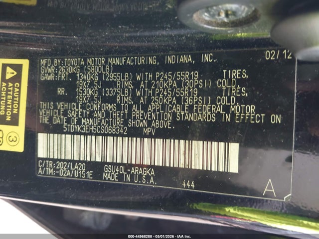 44968288 :رقم المزاد ، 5TDYK3EH5CS068342 vin ، 2012 Toyota Highlander Limited V6 مزاد بيع