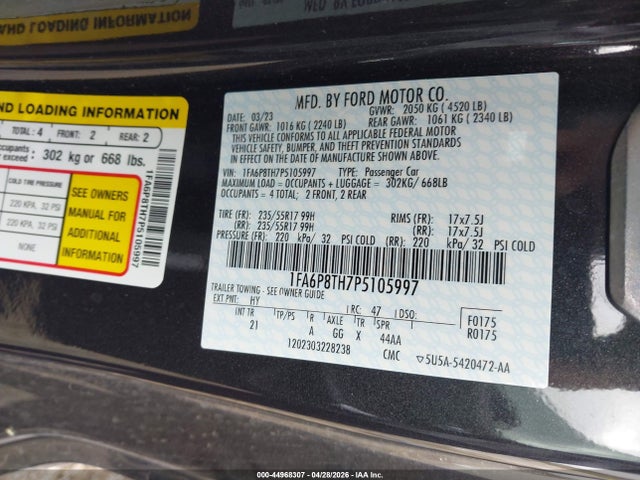 2023 Ford Mustang Ecoboost Fastback მანქანა იყიდება აუქციონზე, vin: 1FA6P8TH7P5105997, აუქციონის ნომერი: 44968307