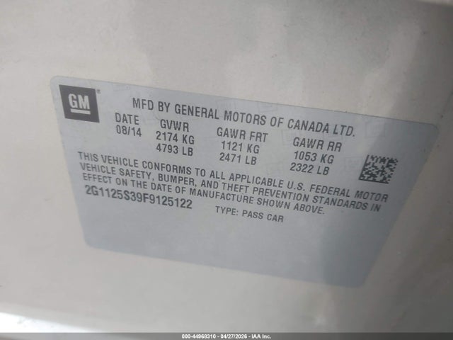 44968310 :رقم المزاد ، 2G1125S39F9125122 vin ، 2015 Chevrolet Impala 2lt مزاد بيع