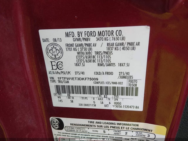 44968312 :رقم المزاد ، 1FTFW1ET3DKF75009 vin ، 2013 Ford F-150 Fx4 مزاد بيع