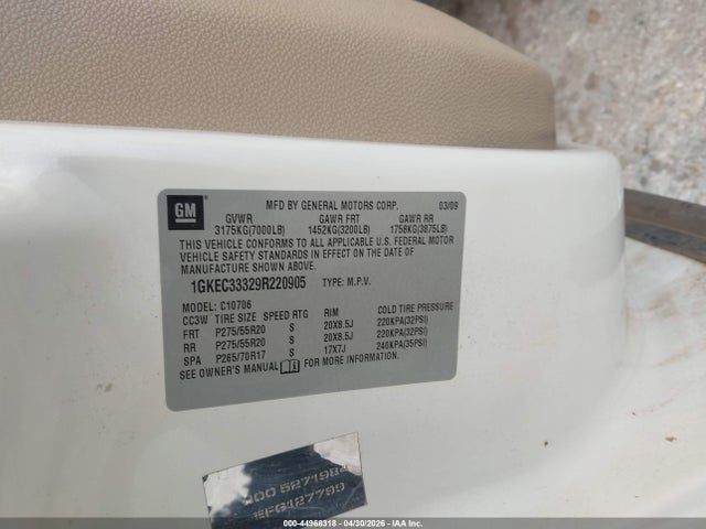 44968318 :رقم المزاد ، 1GKEC33329R220905 vin ، 2009 Gmc Yukon Slt2 مزاد بيع