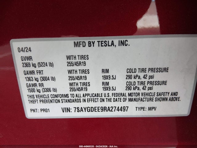 Aukcja sprzedaży 2024 Tesla Model Y Long Range Dual Motor All-wheel Drive, vin: 7SAYGDEE9RA274497, numer aukcji: 44968320