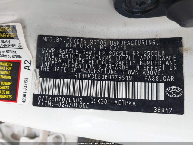 Продаж на аукціоні авто 2011 Toyota Avalon Limited, vin: 4T1BK3DB0BU378519, номер лоту: 44968344