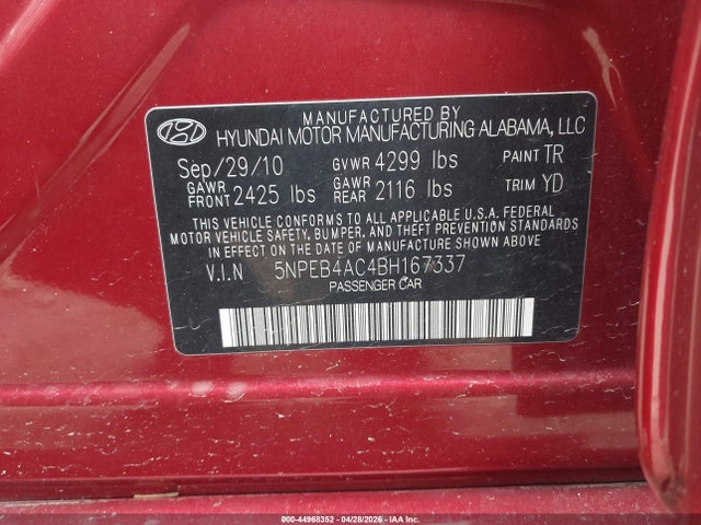 Aukcja sprzedaży 2011 Hyundai Sonata Gls, vin: 5NPEB4AC4BH167337, numer aukcji: 44968352