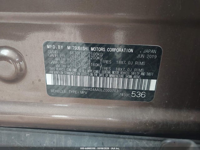 44968358 :رقم المزاد ، JA4AS4AA0LZ000703 vin ، 2020 Mitsubishi Eclipse Cross Le 1.5t مزاد بيع