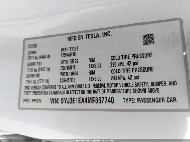 Tesla Model 3 Standard Range Plus Rear-wheel Drive 2021 5YJ3E1EA4MF867740 Image 9