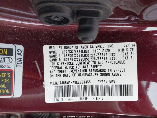Honda Cr-v Ex-l 2014 5J6RM4H79EL059455 Image 9