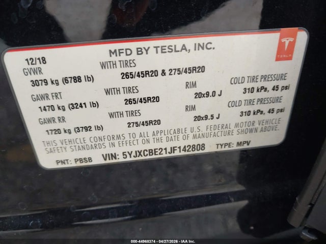 2018 Tesla Model X 100d/75d/p100d მანქანა იყიდება აუქციონზე, vin: 5YJXCBE21JF142808, აუქციონის ნომერი: 44968374