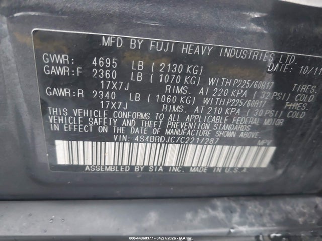 44968377 :رقم المزاد ، 4S4BRDJC7C2217287 vin ، 2012 Subaru Outback 3.6r Limited مزاد بيع