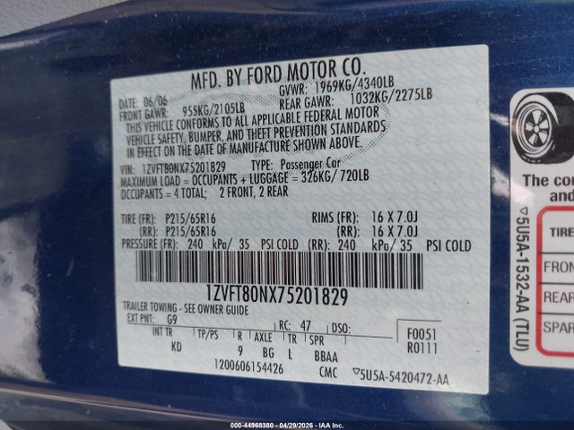 Продаж на аукціоні авто 2007 Ford Mustang V6 Deluxe/v6 Premium, vin: 1ZVFT80NX75201829, номер лоту: 44968380